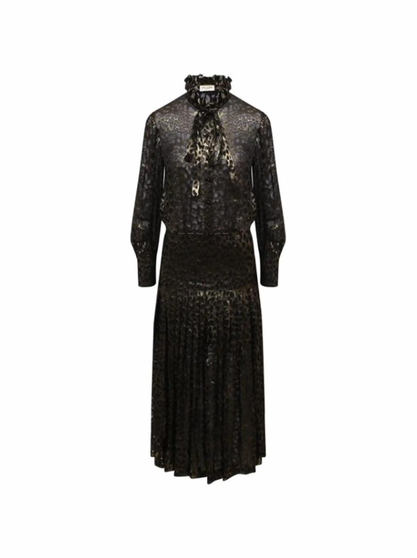 Шелковое платье с анималистическим принтом Saint Laurent плиссированная юбка на пуговицах цвета бежевого песка kayra