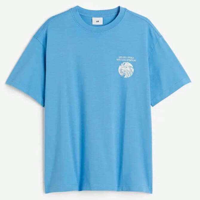 

Футболка H&M Explora Un Mundo Relaxed Fit Printed, голубой