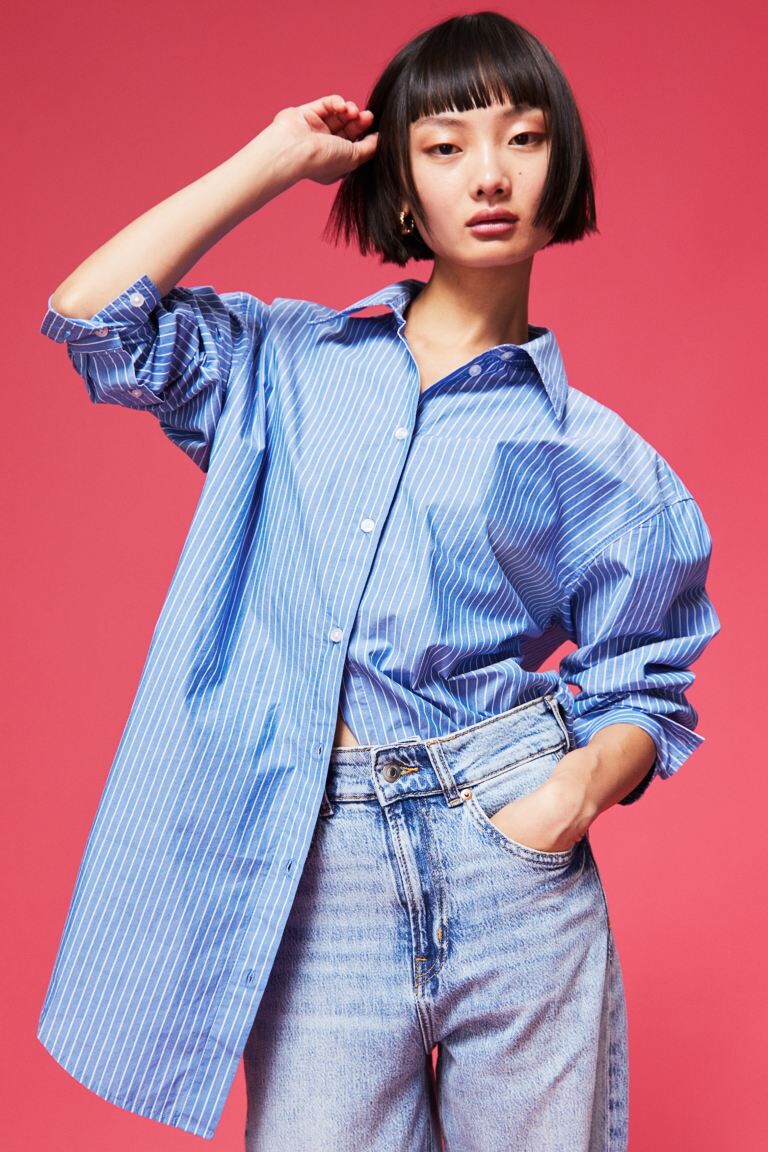 

Хлопчатобумажную рубашку H&M, синий/полосатый