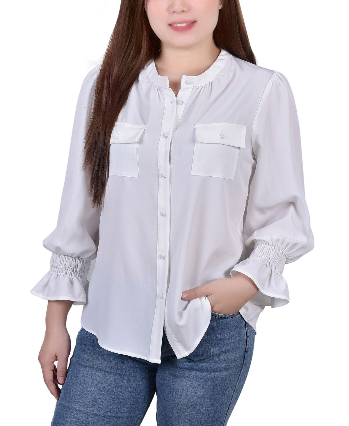 

Миниатюрная блузка с длинным рукавом и y-образным вырезом NY Collection, белый