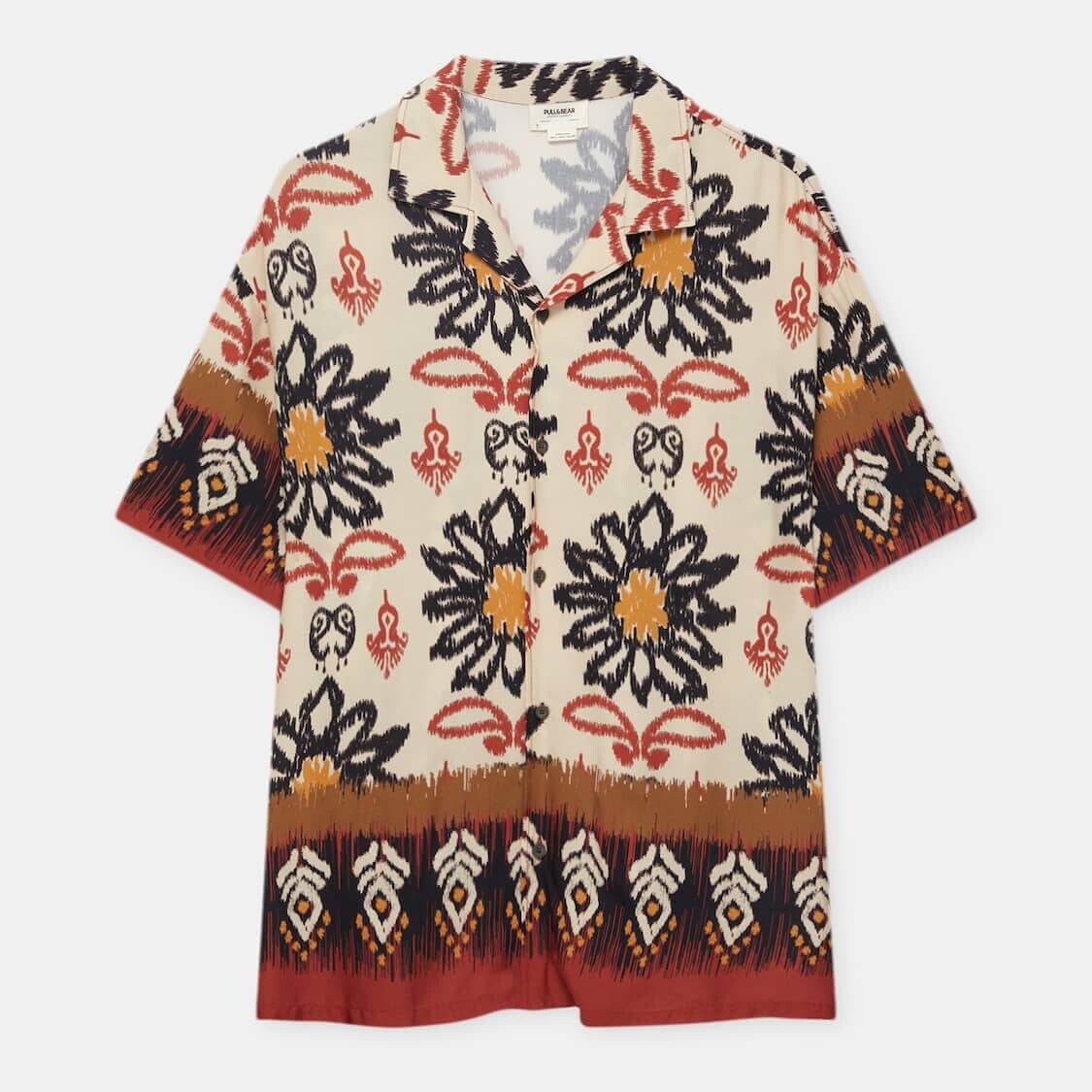 

Рубашка Pull&Bear Floral Print с коротким рукавом, бежевый/красный/коричневый