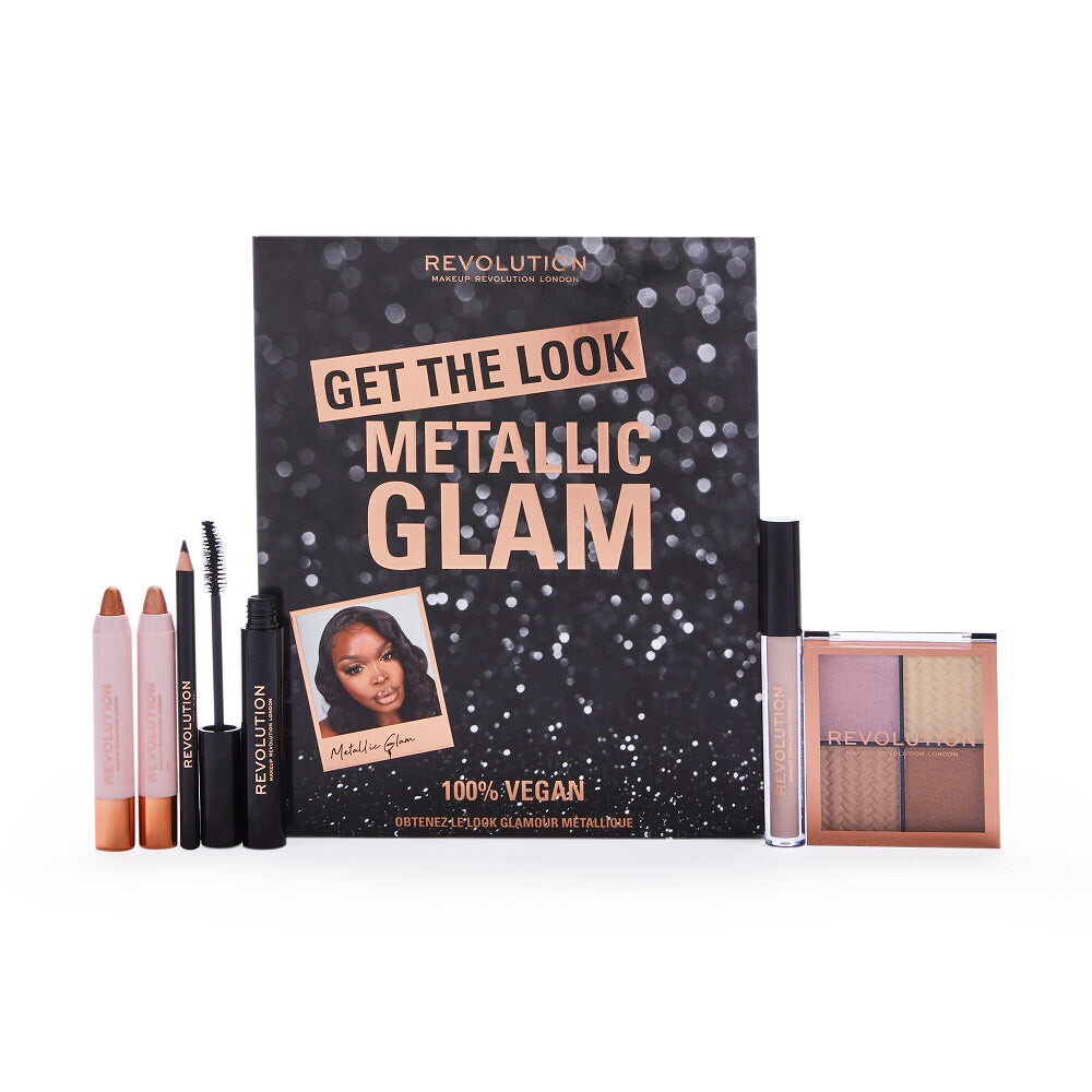 

Makeup Revolution Get The Look: Набор для макияжа Metallic Glam Makeup Set Shimmer Shadow Stick Glam 2,5 г + Shimmer Shadow Stick Crush 2,5 г + Праймер для глаз 2,5 мл + Тушь для ресниц Black 8 г + Khol Eyeliner Black 1,15 г + Highlight Quad 4x1g