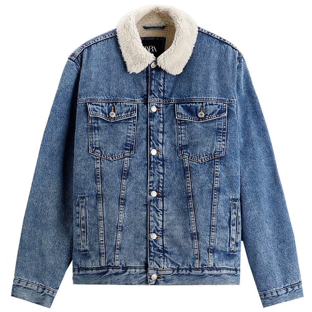 

Джинсовая куртка с подкладкой из искусственной овчины Zara, синий/белый
