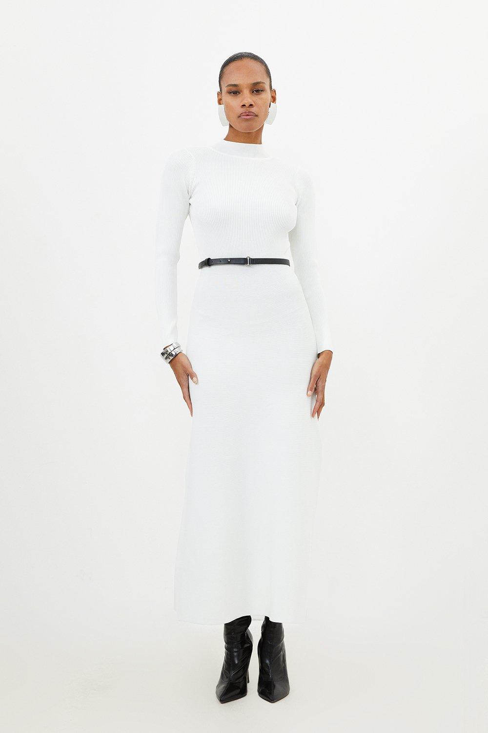 Платье миди в рубчик из смесовой вискозы с поясом Karen Millen, белый