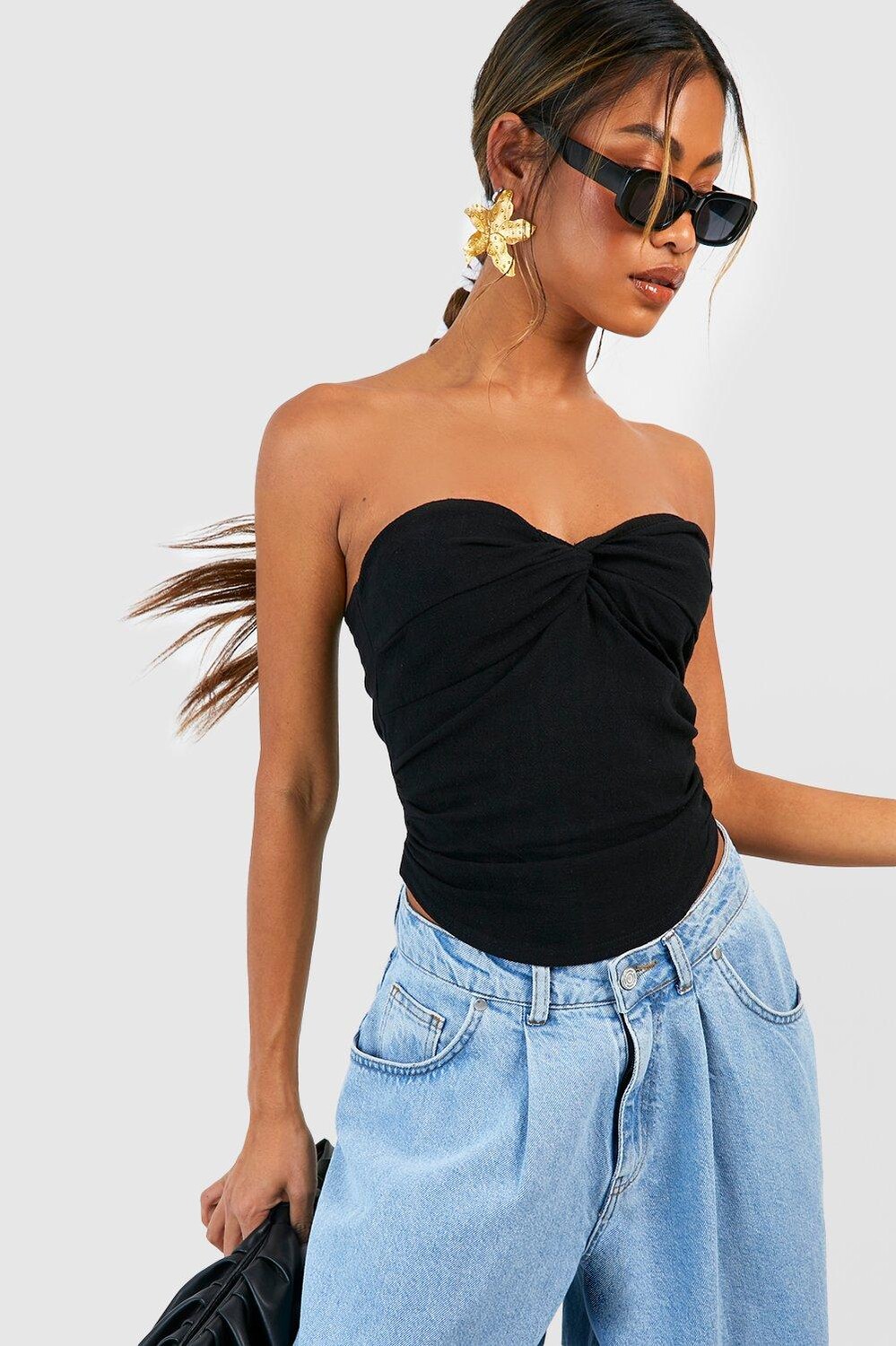 

Корсетовый топ льня с деталями со сборками Boohoo, черный