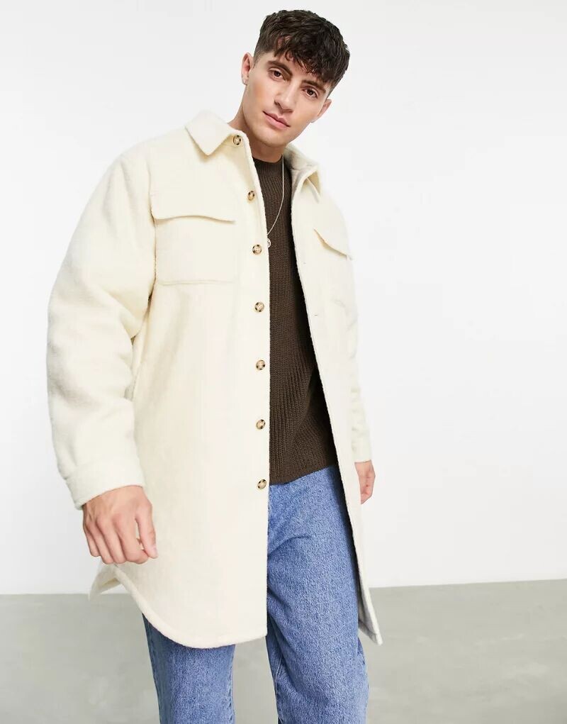 

Белая удлиненная куртка-рубашка с эффектом шерсти ASOS