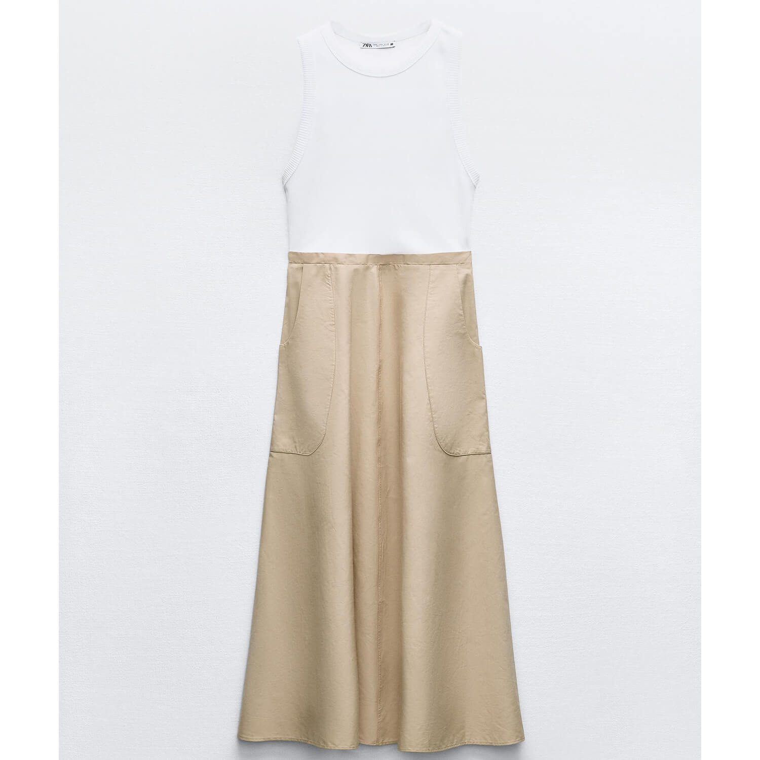 Платье Zara Contrast Midi With Pockets, бежевый/белый кардиган zara with pockets желтовато белый