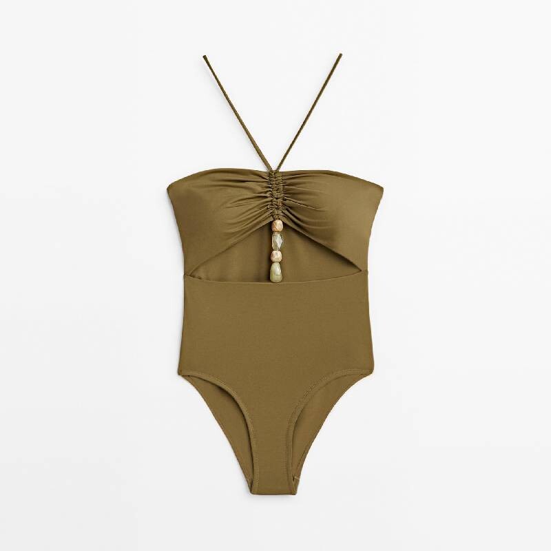 

Купальник Massimo Dutti Cut-Out With Stone Details, хаки