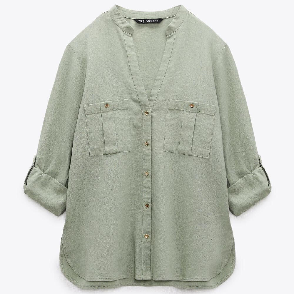 

Рубашка Zara Roll-up Sleeve Linen Blend, хаки