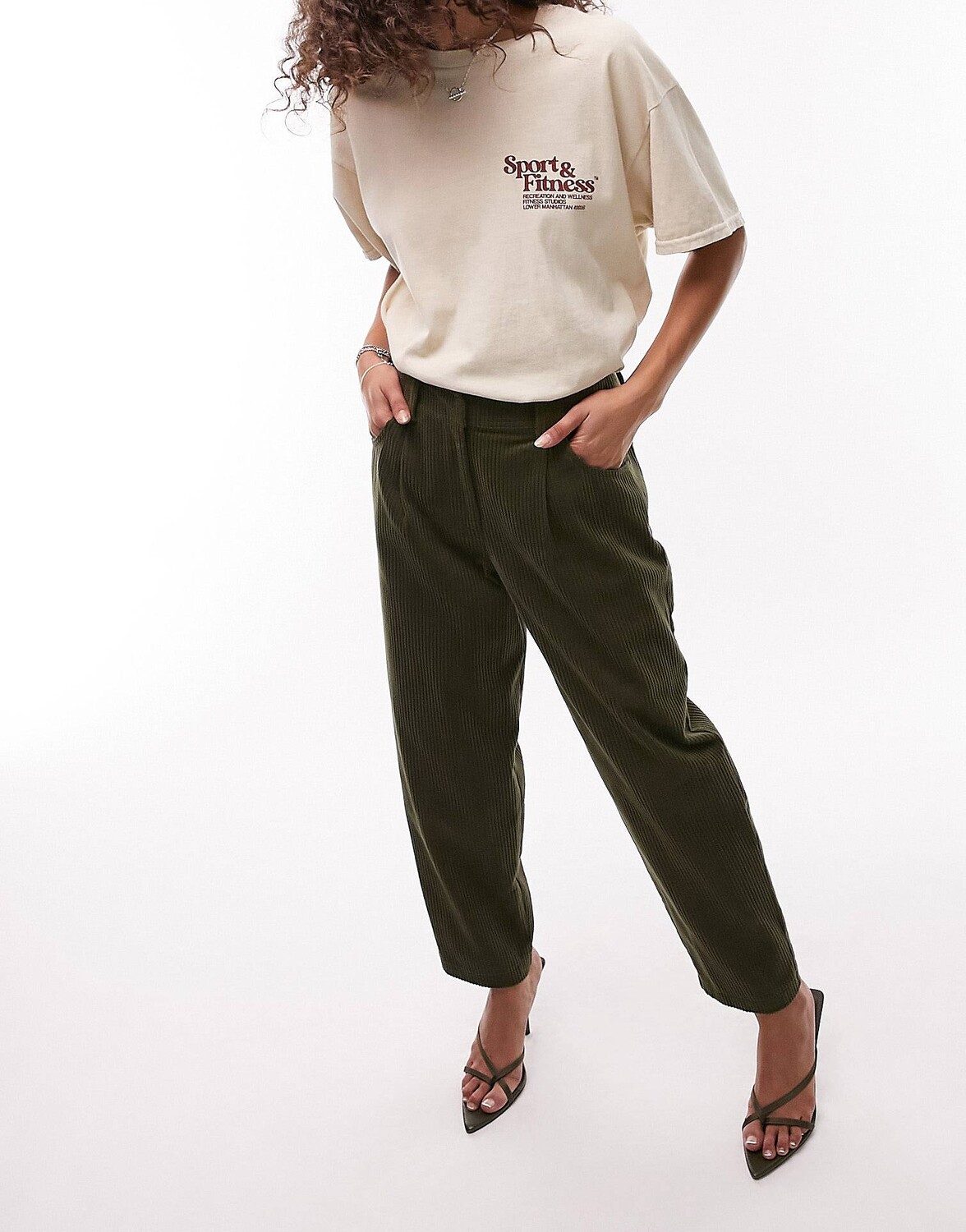 

Брюки цвета хаки с вельветовой отделкой Topshop