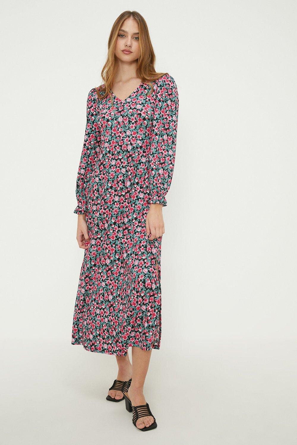 

Платье миди с цветочным принтом и V-образным вырезом Dorothy Perkins, мультиколор