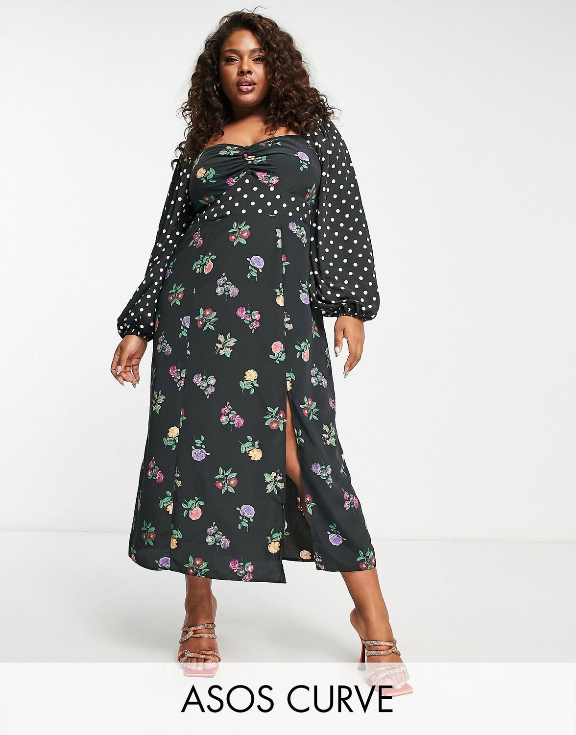 

Платье миди с длинными рукавами и цветочным принтом ASOS DESIGN Curve