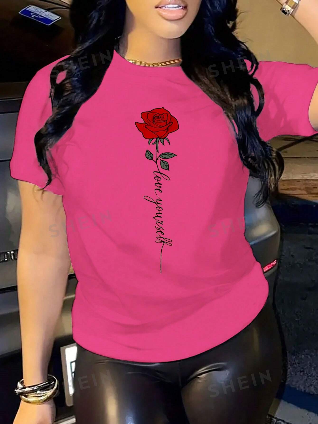 SHEIN Slayr Футболка с короткими рукавами и принтом цветов и букв, ярко-розовый