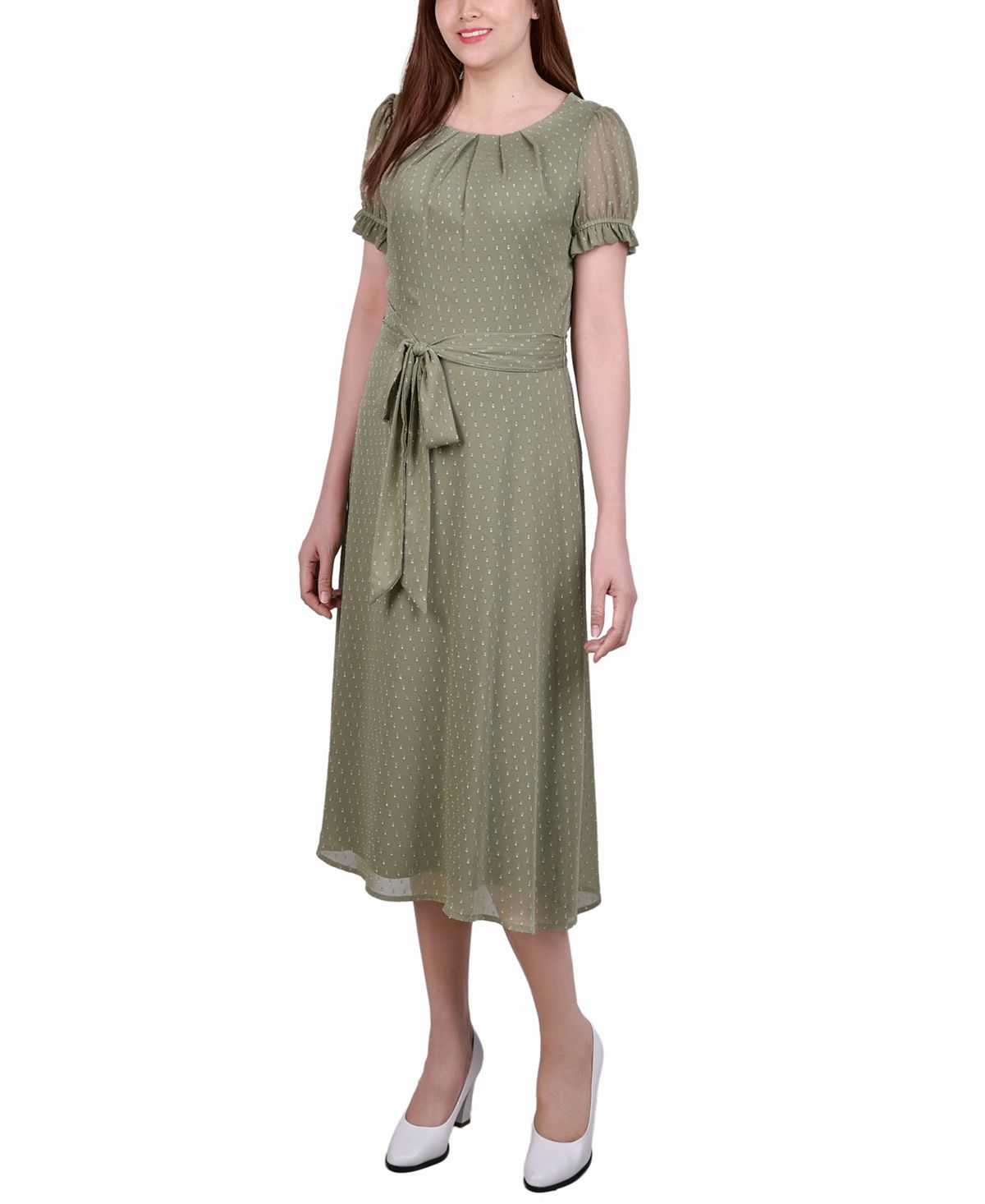 Миниатюрное платье в горошек с поясом и короткими рукавами NY Collection, мульти