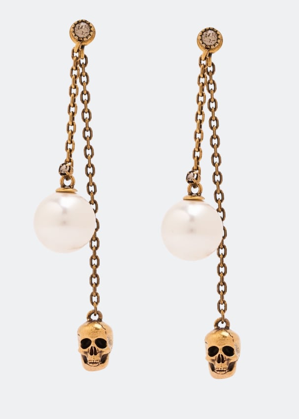 Серьги ALEXANDER MCQUEEN Skull chain drop earrings, золотой aqua белые серьги сердечки с подвесками из жемчужин