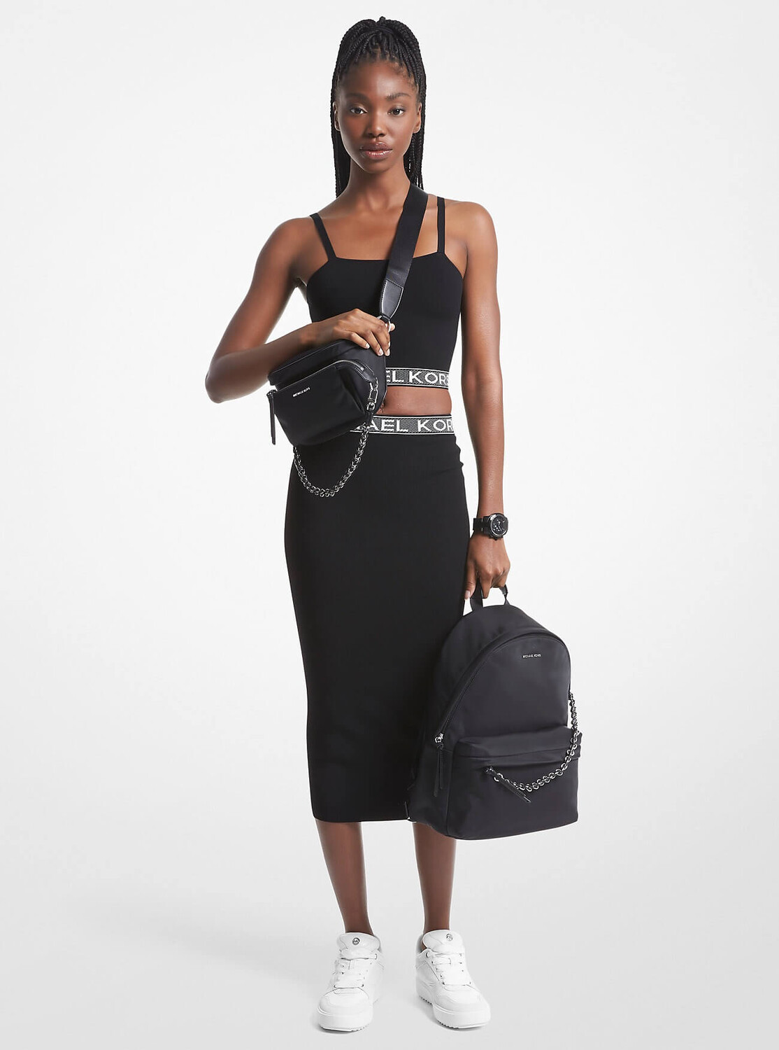 

Юбка миди Michael Michael Kors Logo Tape Stretch Viscose, черный