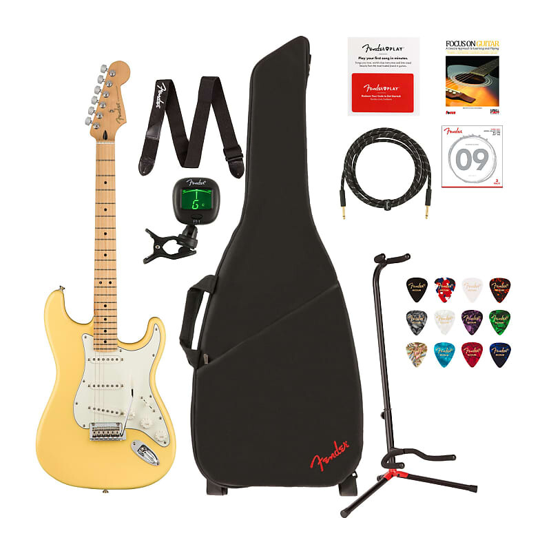 

Электрогитара Fender Player Stratocaster Buttercream — недорогой комплект с чехлом для гитары, 10-дюймовым инструментальным кабелем, регулируемой подставкой для гитары, тюнером, струнами и аксессуарами