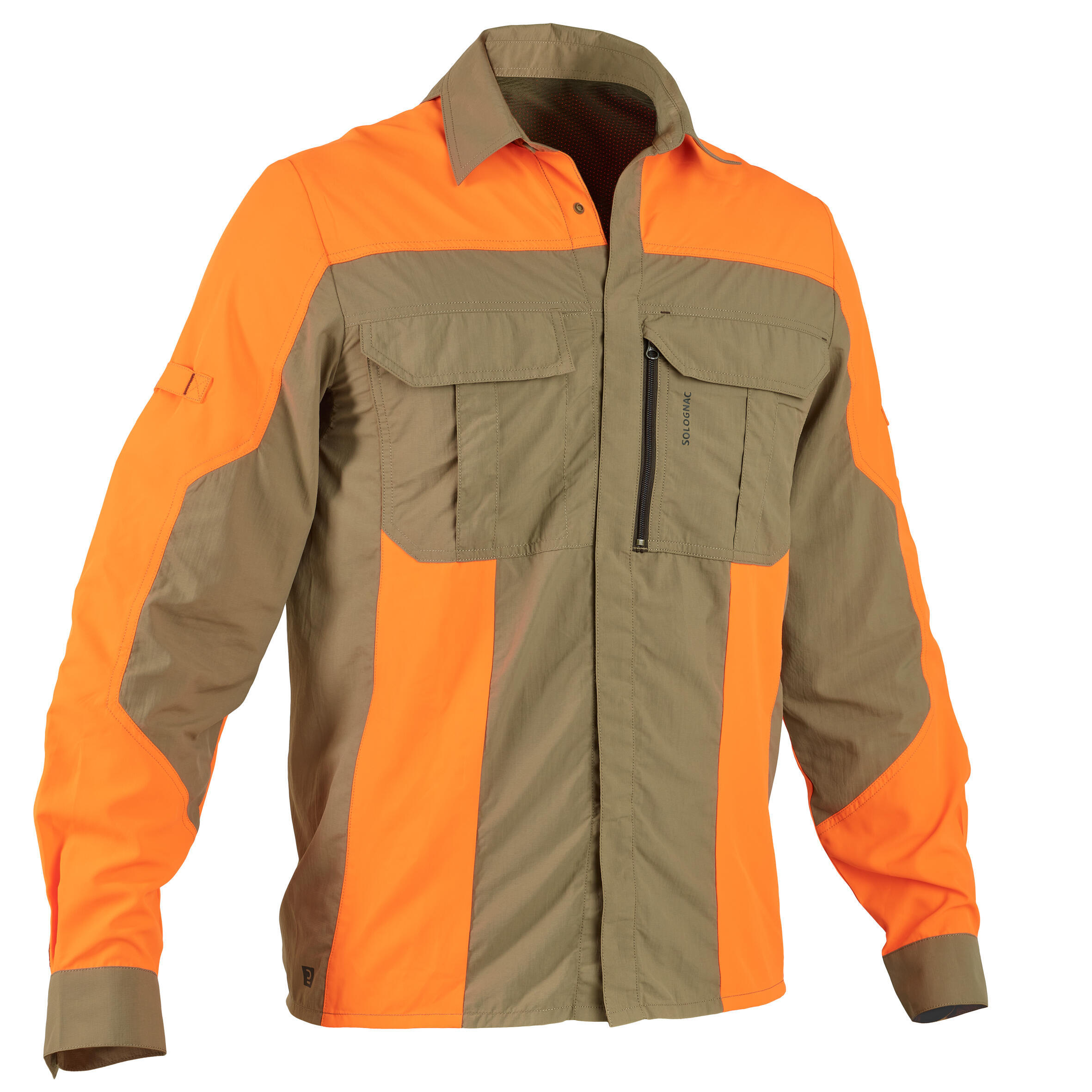 цена Рубашка охотничья с длинным рукавом дышащая Solognac 520, хаки/оранжевый (Размер L)