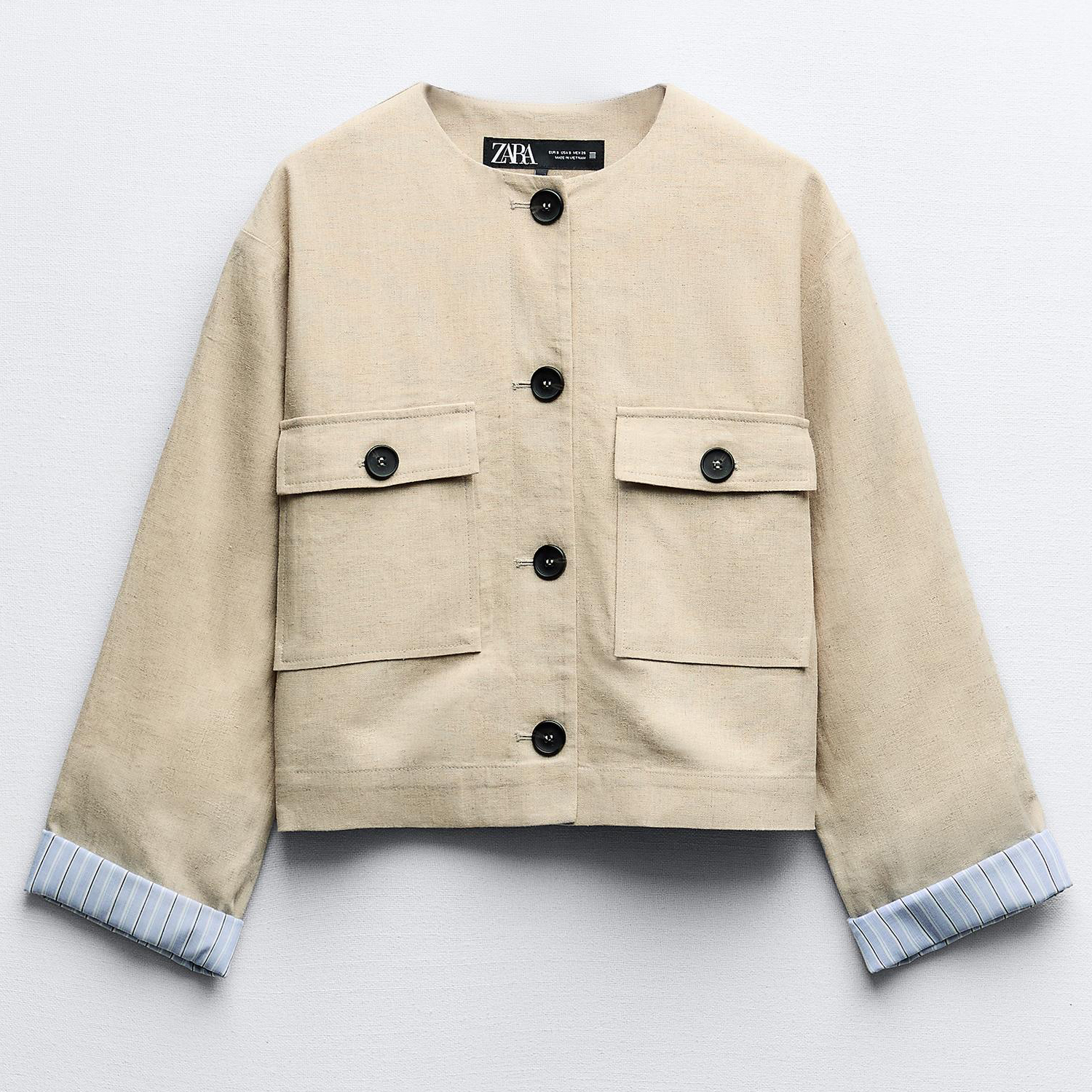 Блейзер Zara Linen Blend Short With Contrast Cuffs, светло-бежевый куртка тренч zara short contrast бежевый