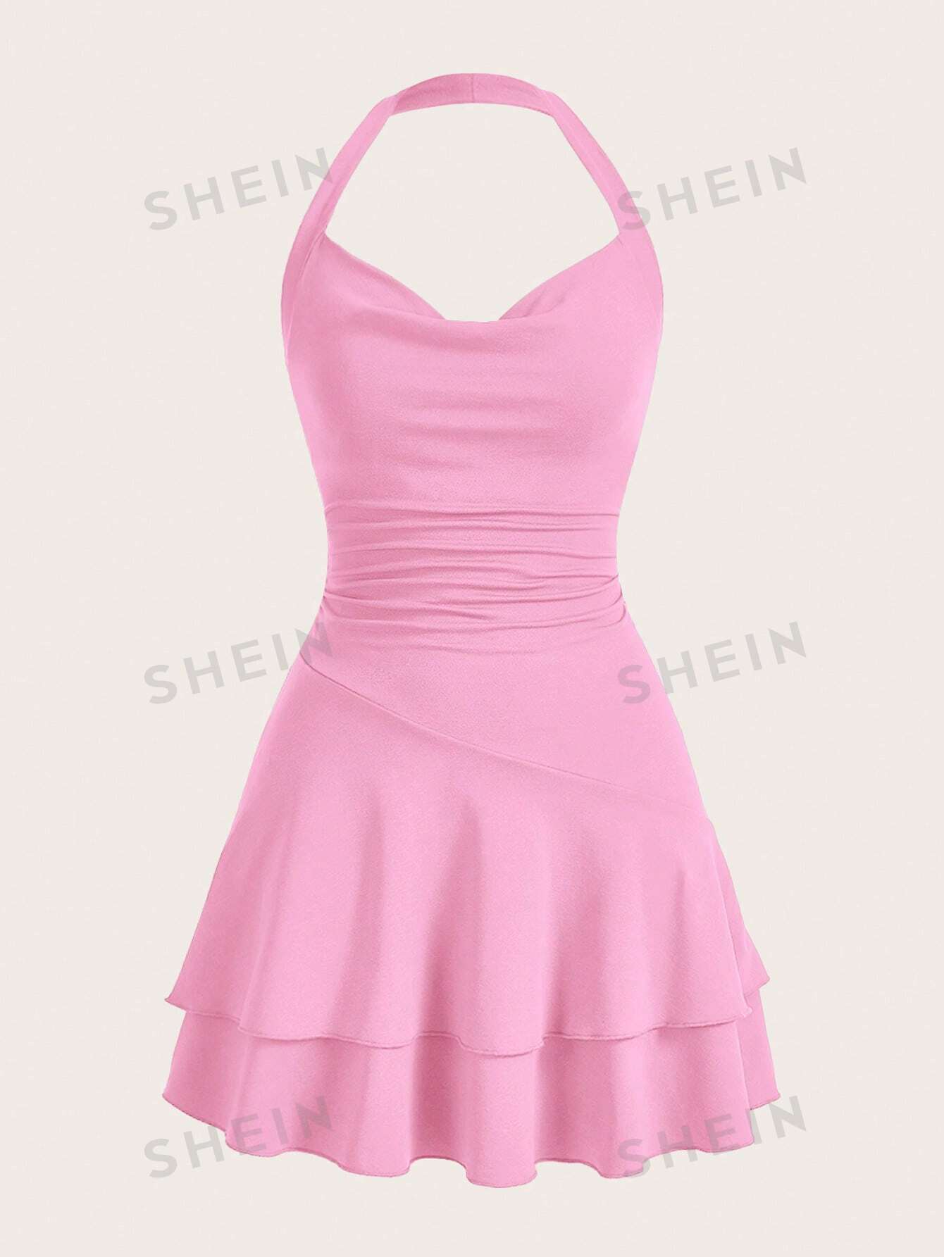 SHEIN MOD однотонное женское платье с бретелькой на шее и многослойным подолом, розовый