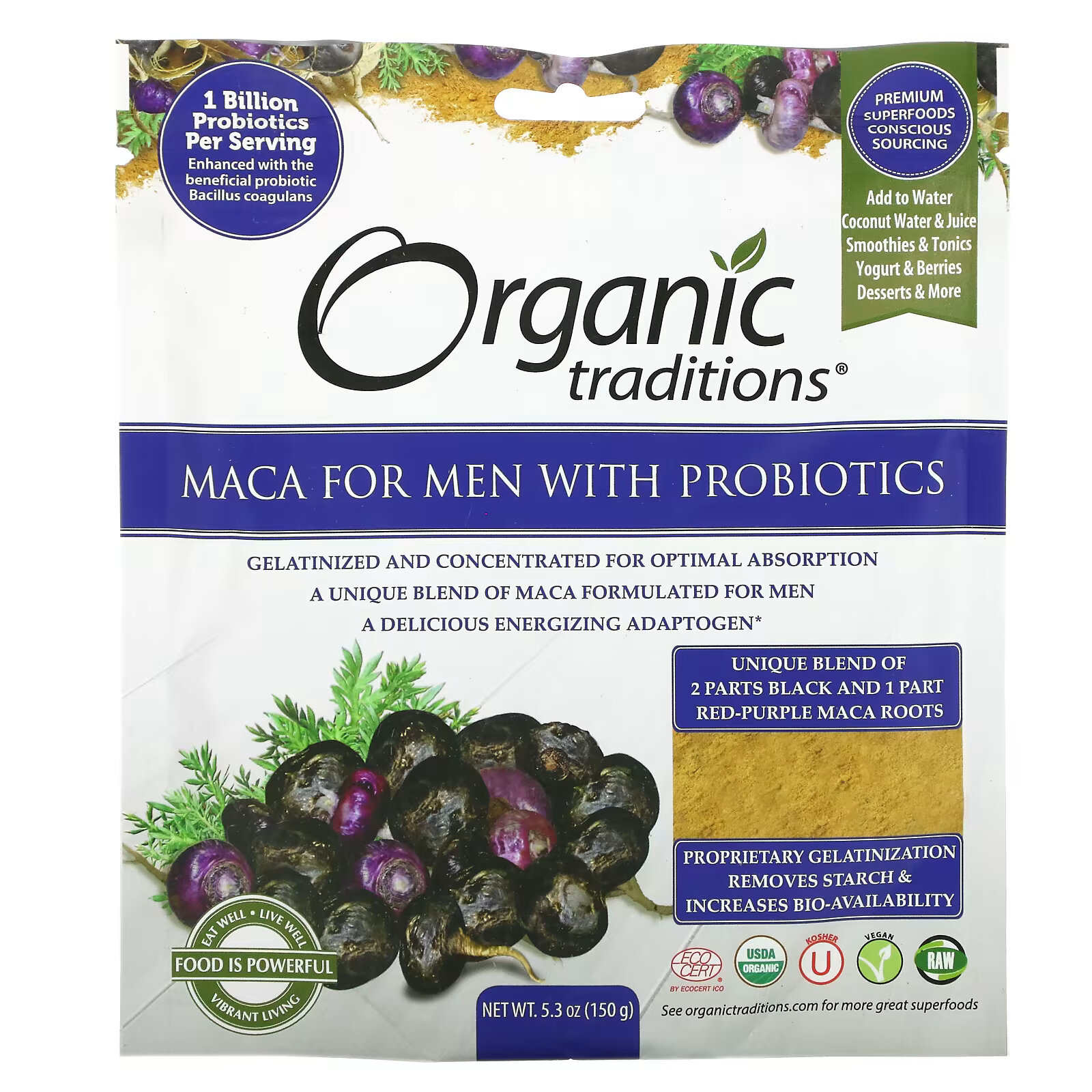 Organic Traditions, Мака для мужчин с пробиотиками, 150 г (5,3 унции) organic traditions жареные семена бару 5 3 унции 150 г