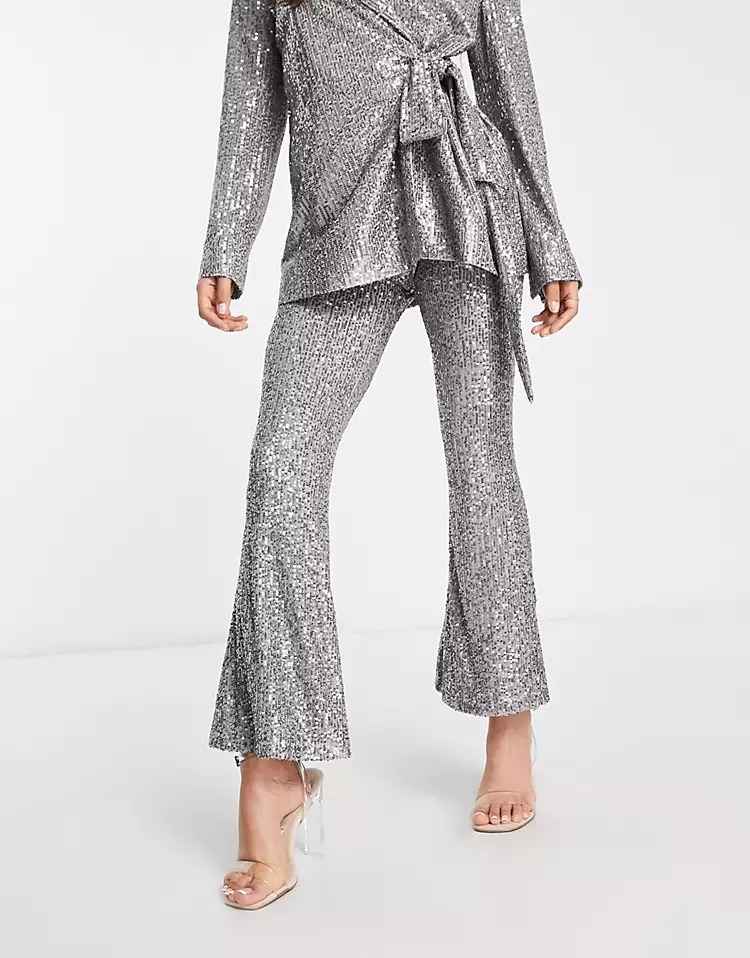 Брюки Asos Design Petite Jersey Sequin Flare Trouser, темно-серый