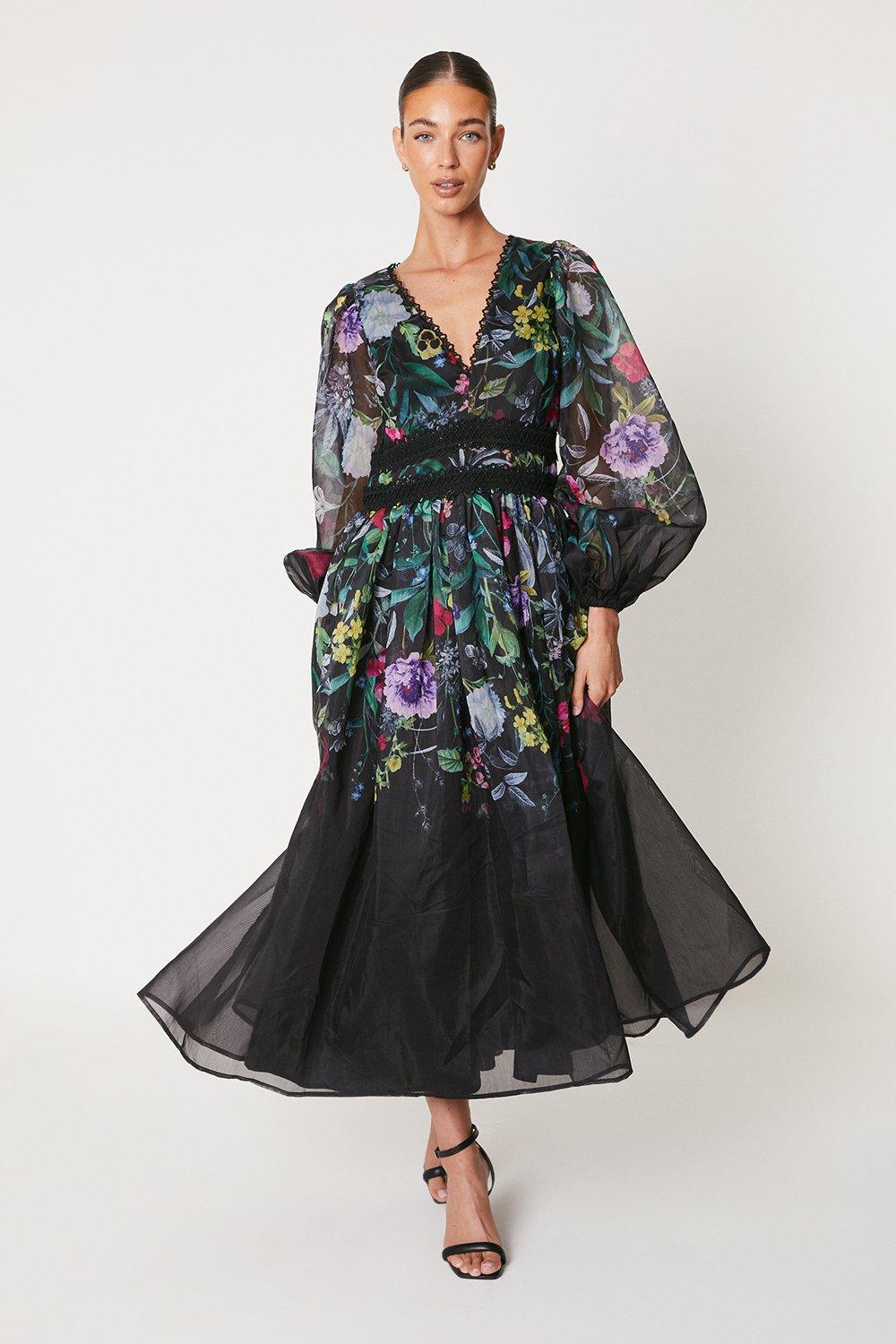 Платье миди из органзы с цветочным принтом и кружевной отделкой Coast, черный
