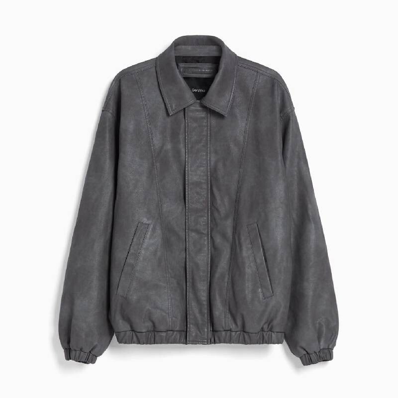 

Куртка из искусственной кожи Bershka Distressed Faux Leather Oversize, серый