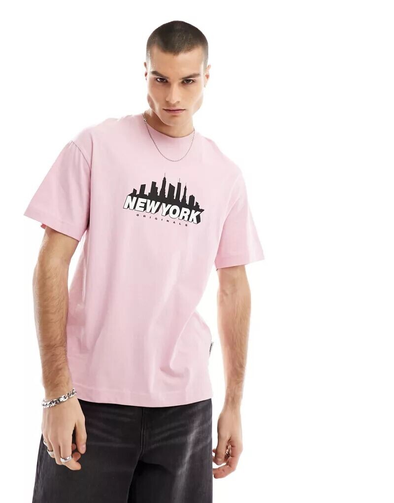 

Розовая футболка Jack & Jones с графическим принтом «Нью-Йорк»
