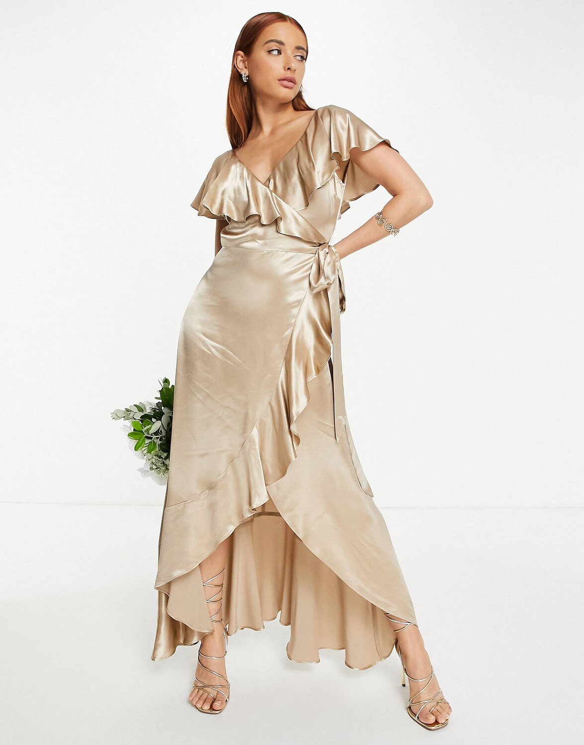 

Золотистое атласное платье с запахом и оборками Topshop bridesmaid, Желтый