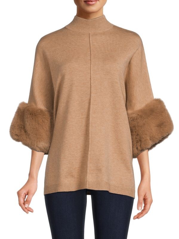 

Пончо mockneck с отделкой из искусственного меха Saks Fifth Avenue Classic camel