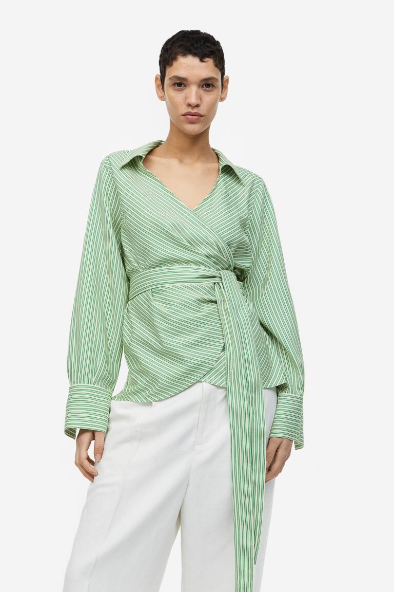 

Блузка из смесовой льняной ткани H&M, зеленый/полосатый