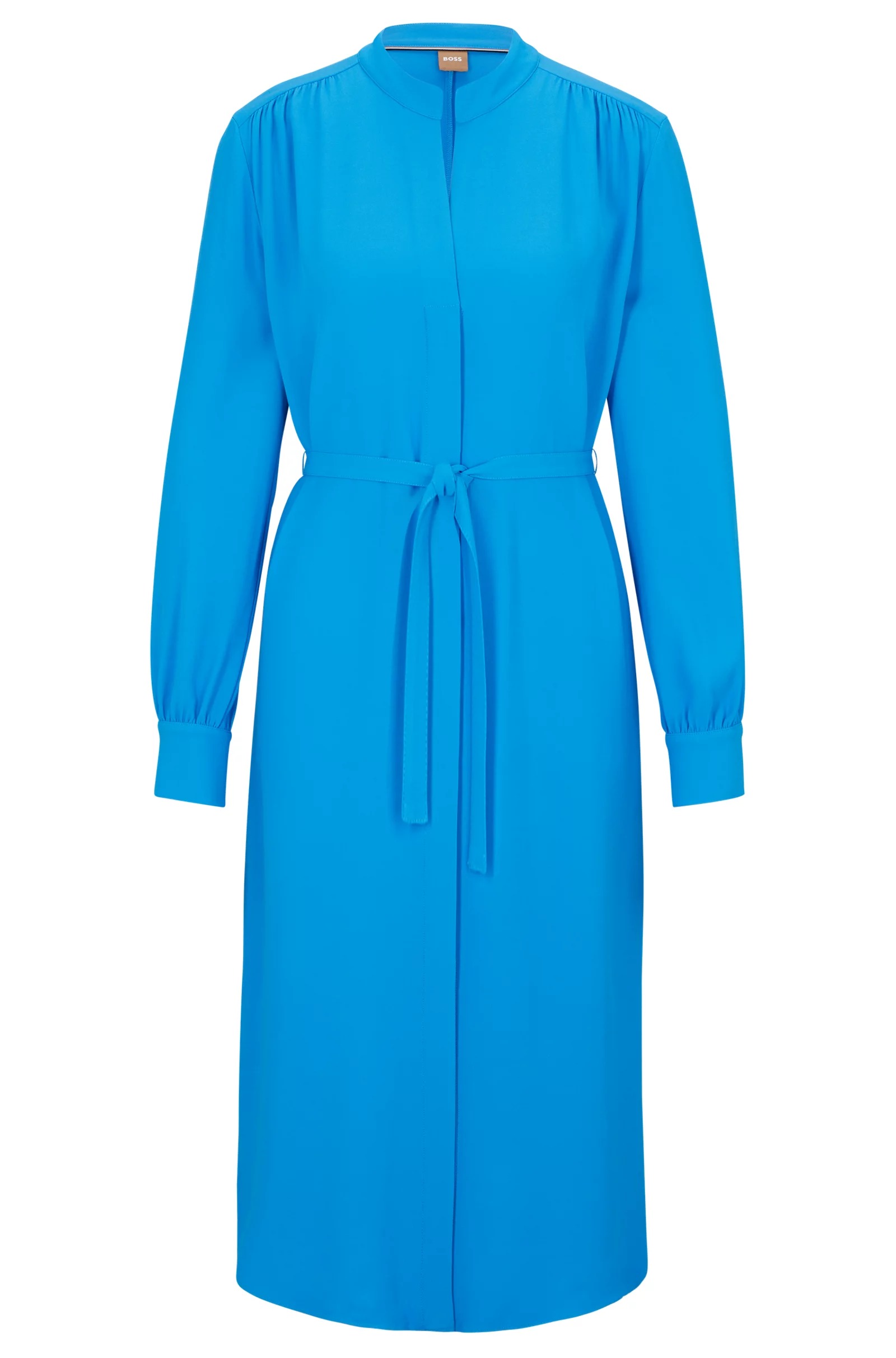 Платье Boss Belted With Collarless V Neckline And Button Cuffs, синий блестящее бальное платье трапеция с аппликацией из бисера вечернее платье с v образным вырезом длинными рукавами и поясом вечерние официа