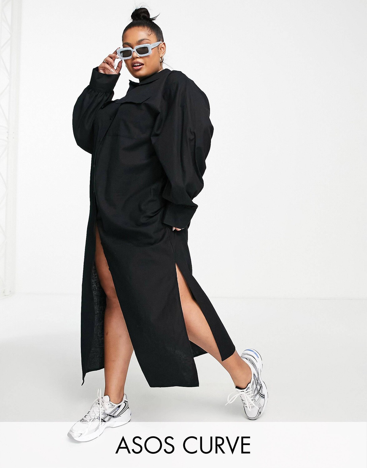

Черное повседневное льняное платье-рубашка макси ASOS DESIGN Curve