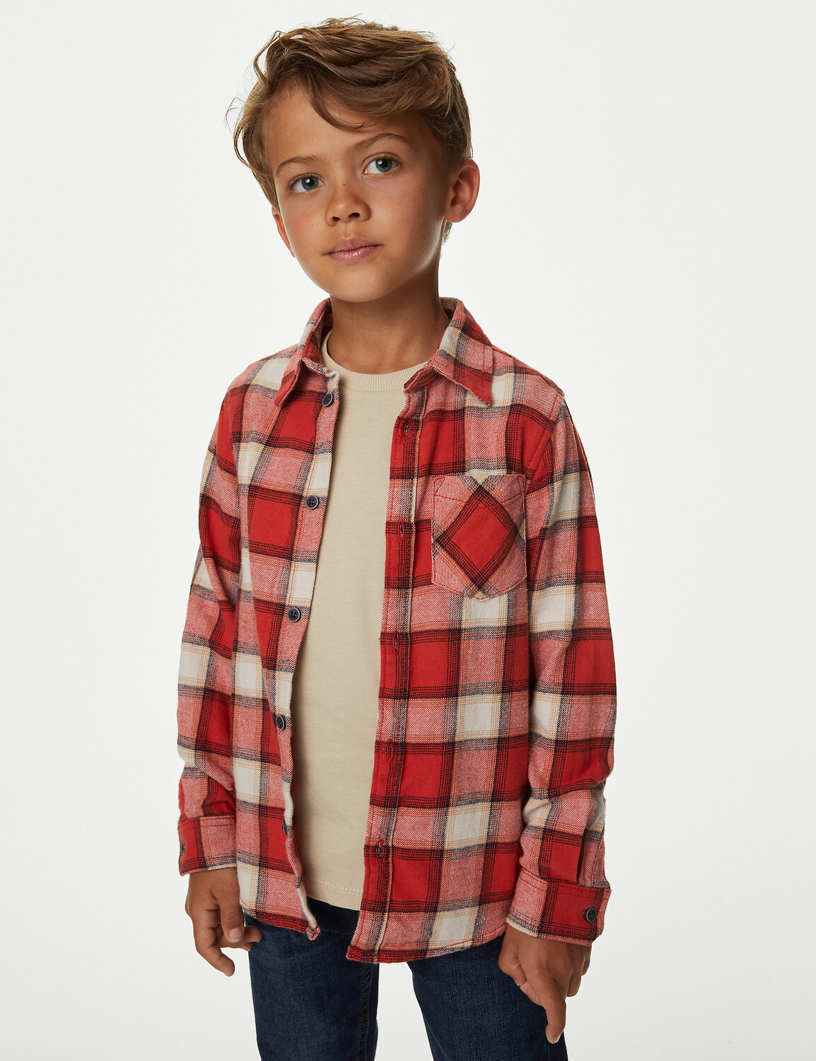 

Рубашка и футболка в клетку из чистого хлопка (2–8 лет) Marks & Spencer, красный микс