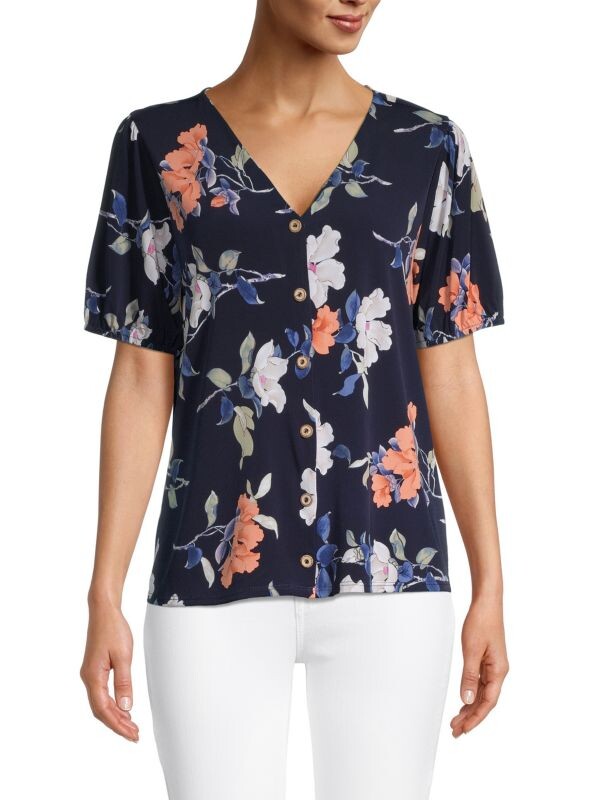 

Топ Цветочный на Пуговицах West Kei с короткими рукавами, navy / floral