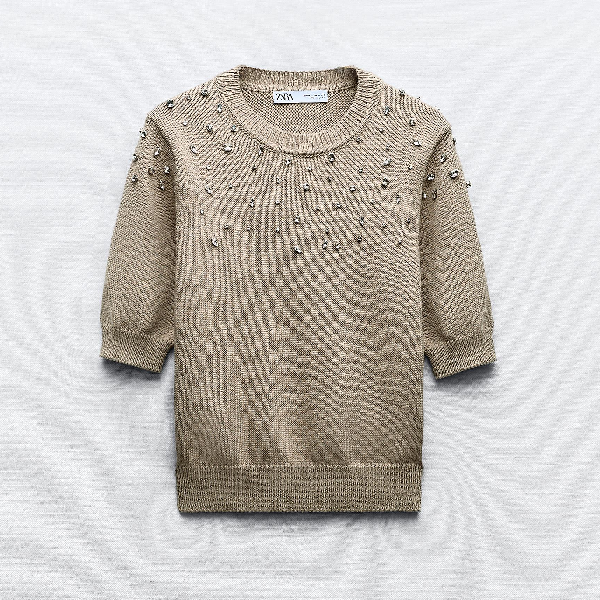 Свитер Zara Beaded Rhinestone Knit, серо-зеленый свитер zara knit with rhinestone polo collar светло розовый