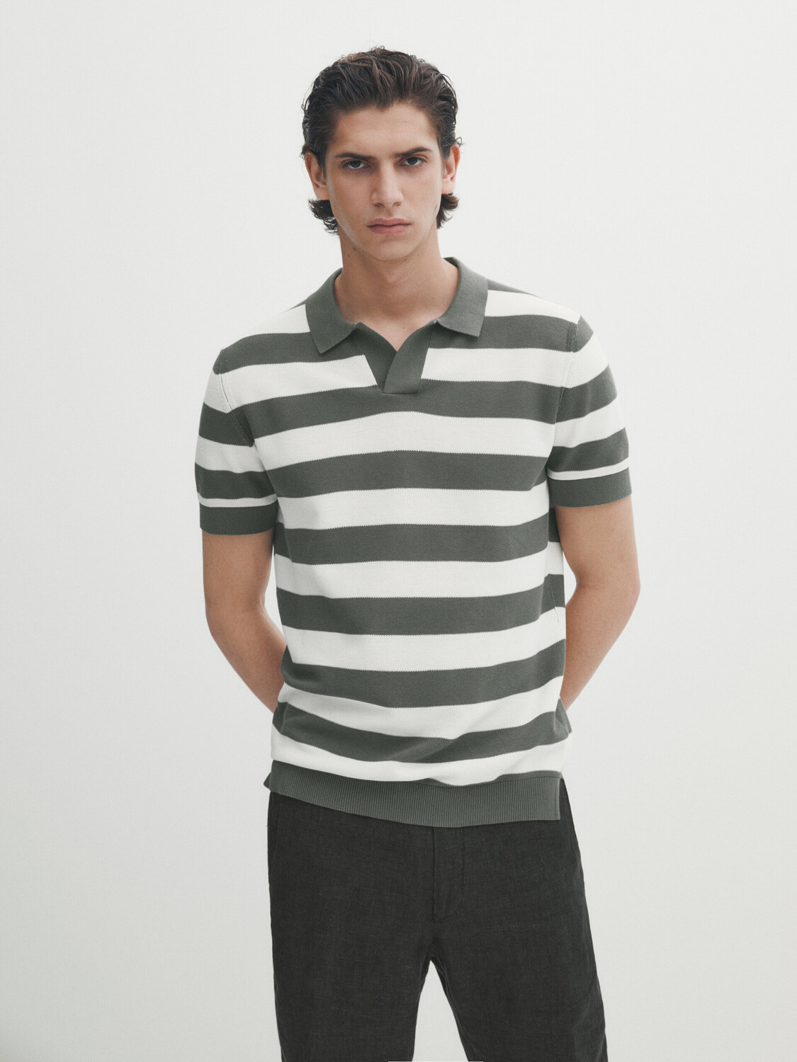 

Свитер поло с короткими рукавами Massimo Dutti, хаки