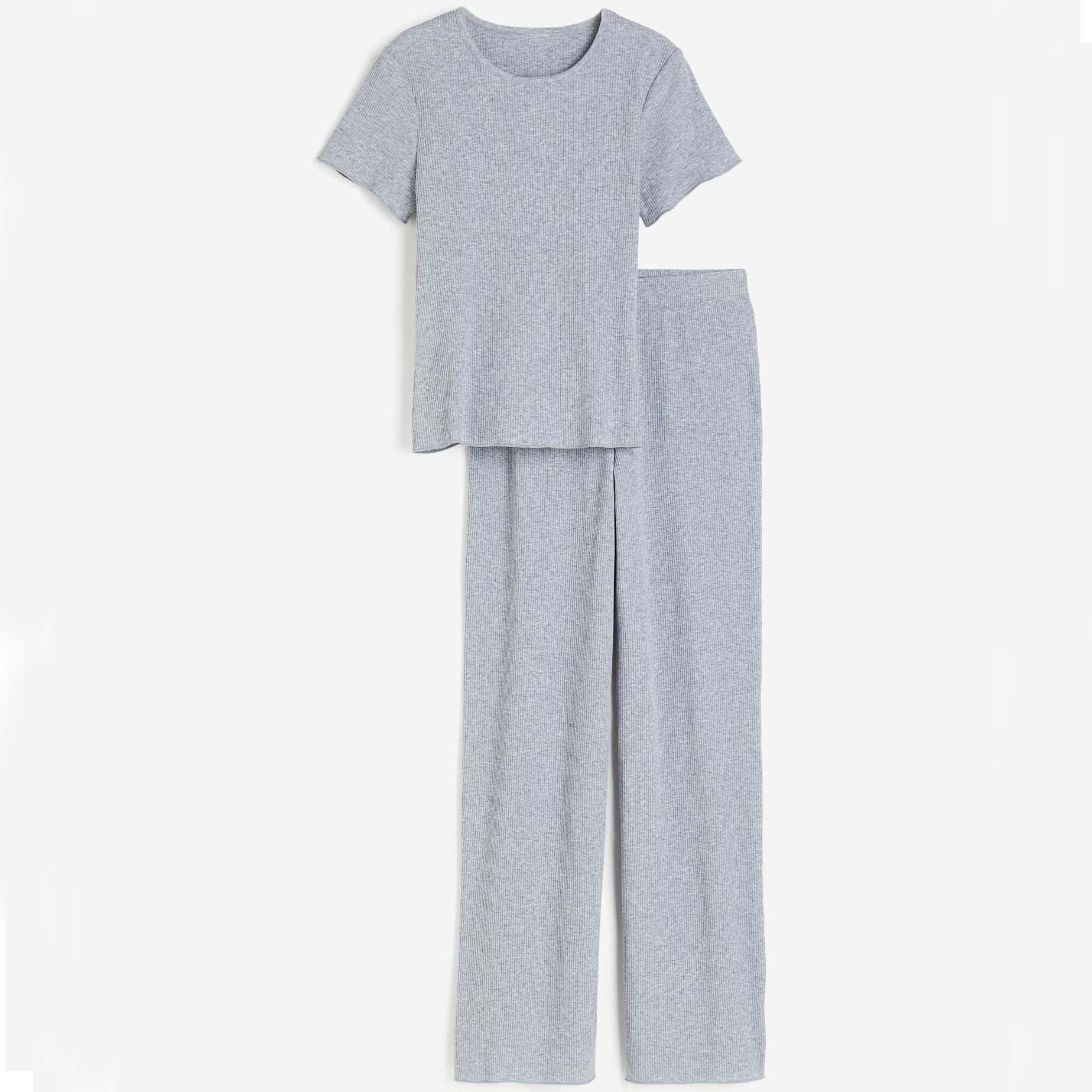 Пижама H&M Ribbed Top And Pants, светло-серый цена и фото