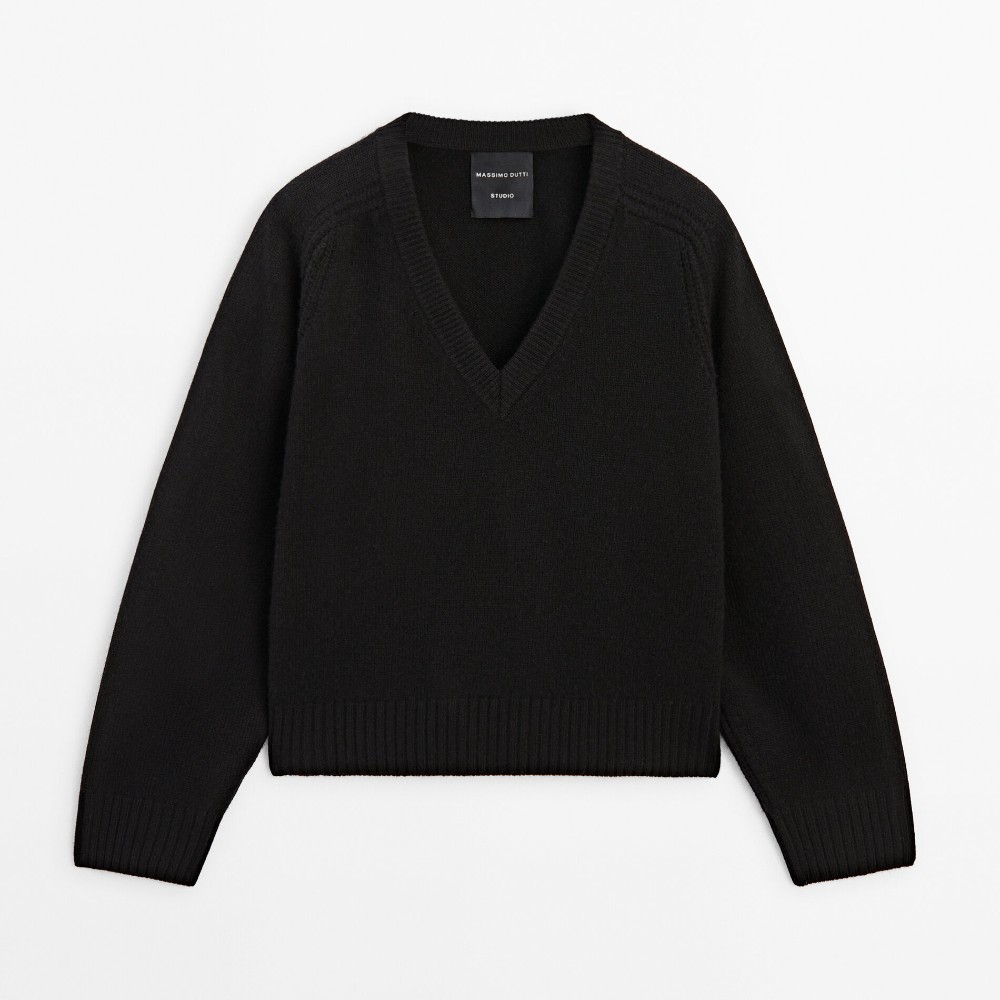 Свитер Massimo Dutti Knit V-neck Wool-blend - Studio, черный свитер massimo dutti wool and cashmere blend v neck тёмно синий