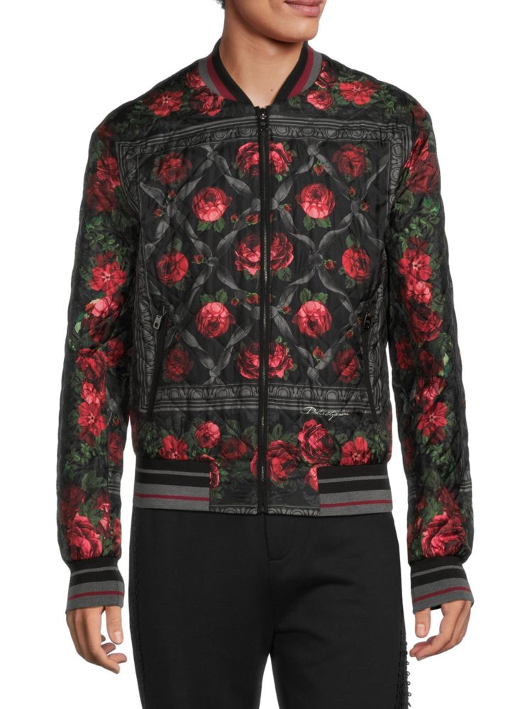 Стеганая шелковая куртка на молнии с цветочным принтом Dolce&Gabbana, черный