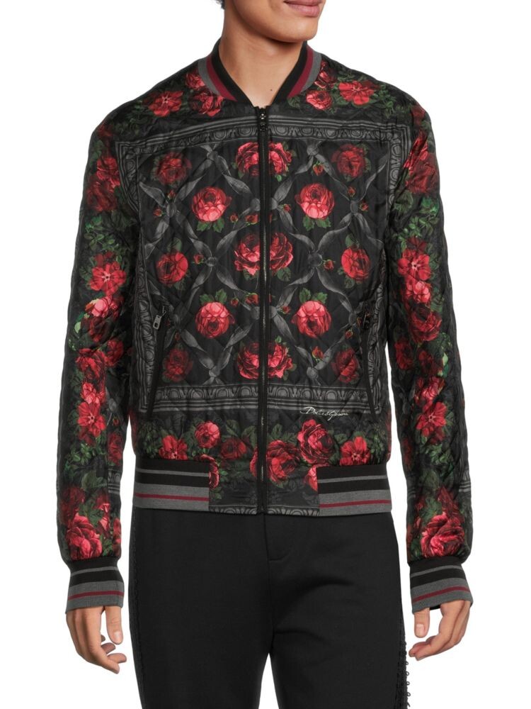 

Стеганая шелковая куртка на молнии с цветочным принтом Dolce&Gabbana, черный