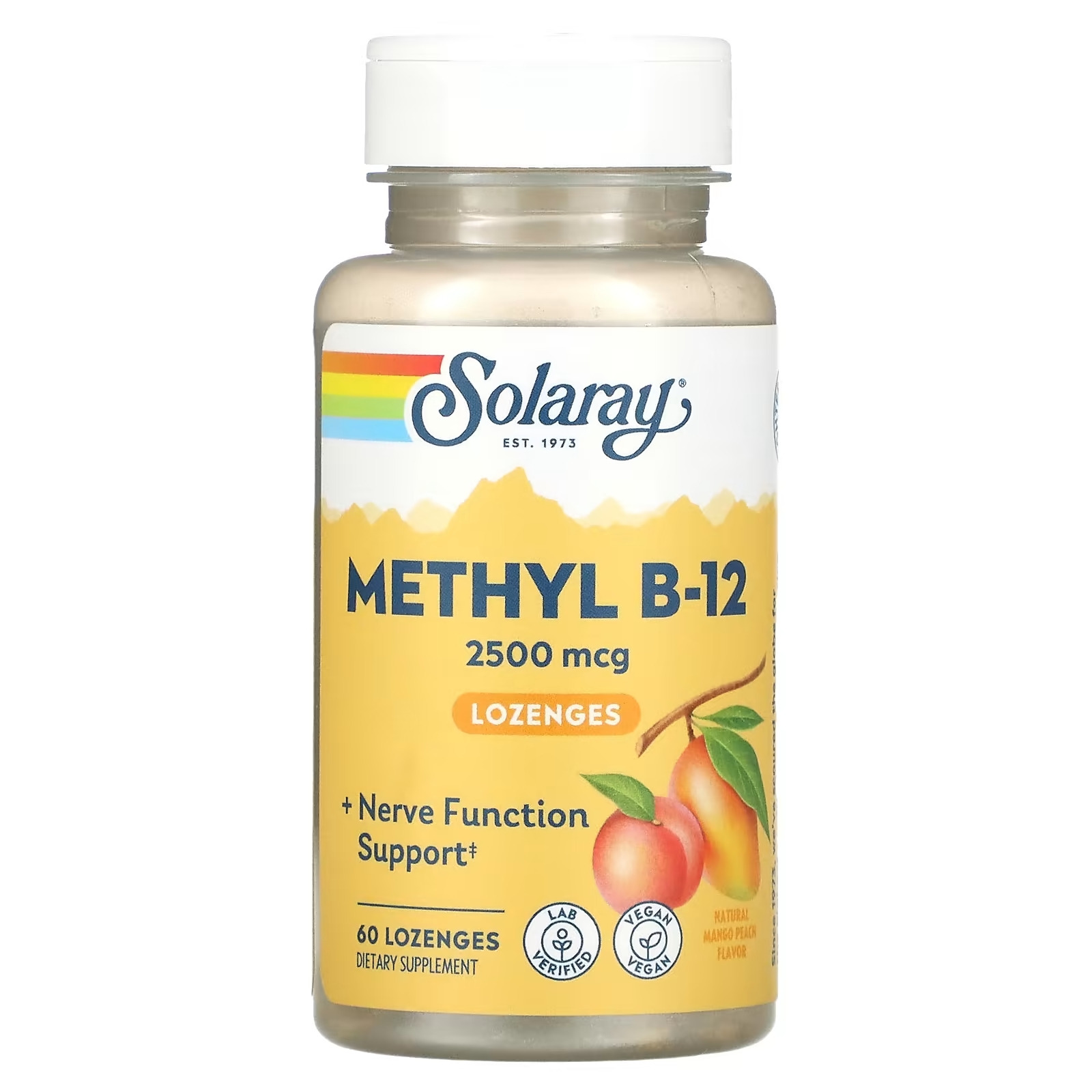 Solaray высокоэффективный метил B12 натуральные манго и персик 2500 мкг, 60 леденцов solaray метилфолат метил b 12 натуральный вишневый вкус 60 леденцов