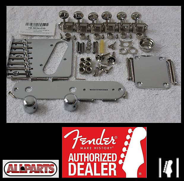 

Allparts/Fender 6 Saddle Top Load Tele Hardware Set w/ Tuners - Bridge Import - Chrome TB-5034-010 TB-5034-010 Allparts 6 Saddle Top Load Tele Bridge