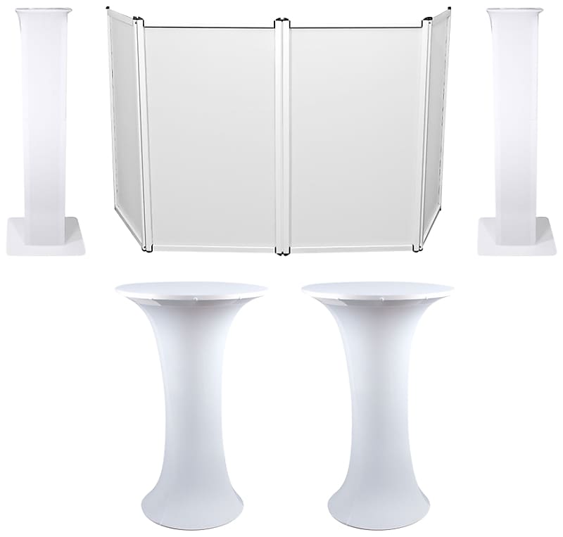 (2) Клубные столы Highboy с белой сеткой + Сумка для переноски + Фасад диджея + (2) Тотемные стойки American DJ (2) Decor Cocktail Table+RFAAW+2) RTP32W