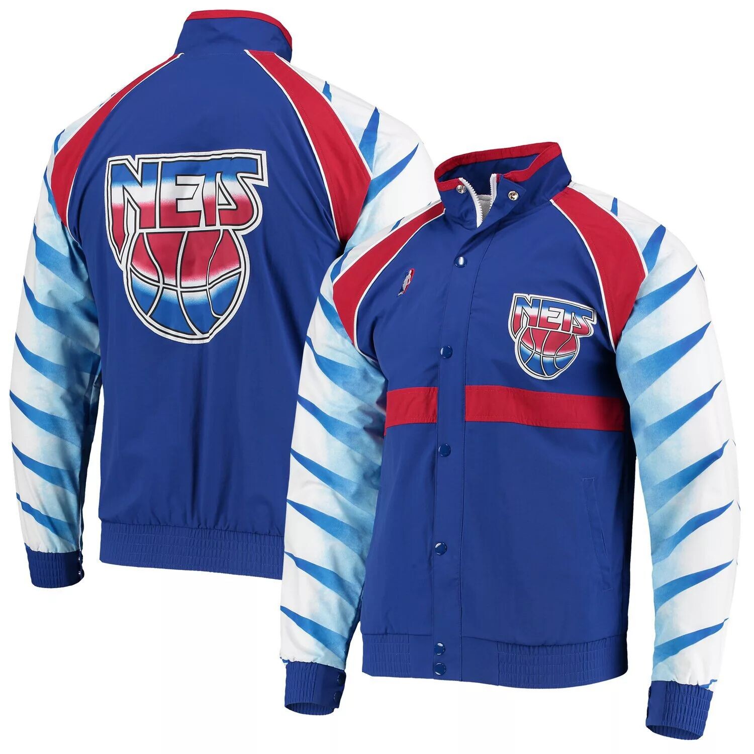 

Мужская синяя куртка Mitchell & Ness New Jersey Nets из твердой древесины, классическая аутентичная разминочная куртка реглан с молнией во всю длину, Синий