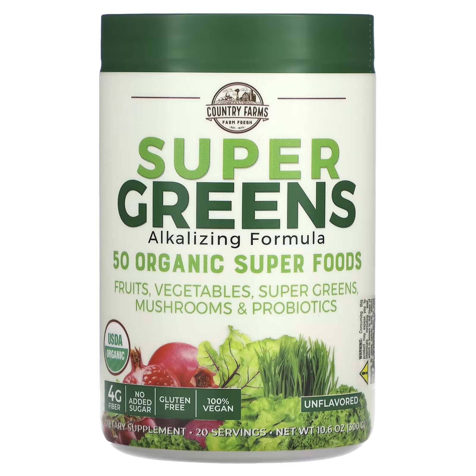 Country Farms, Super Greens, формула с подщелачивающими травами, с нейтральным вкусом, 300 г (10,6 унции) пищевая добавка country farms super greens ягоды 300 г