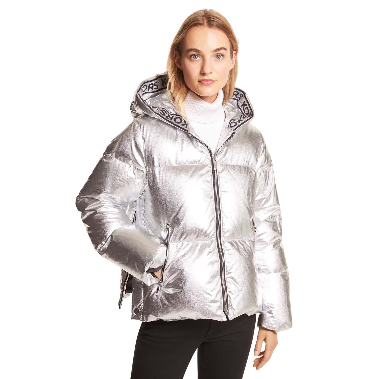 

Пуховик Michael Michael Kors Metallic Cire Logo Tape, серебристый, Серый