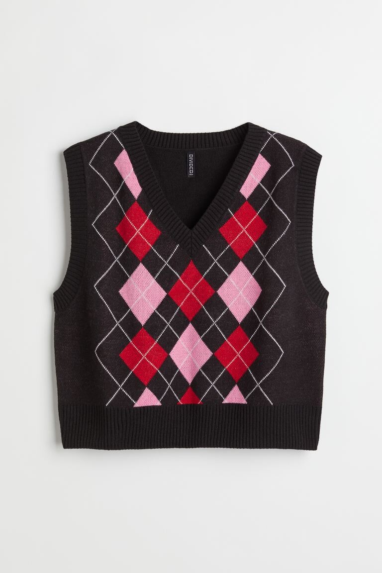 

H&M+ Жилет из жаккардового трикотажа, черный/ромбы