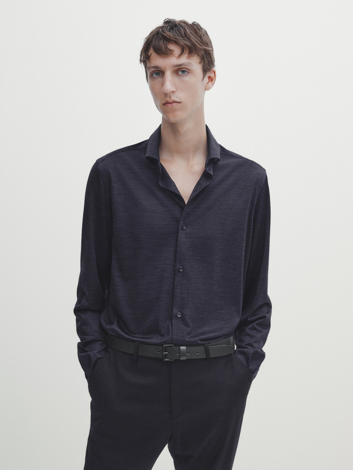 

Рубашка из шерсти мериноса в полоску Massimo Dutti, темно-синий